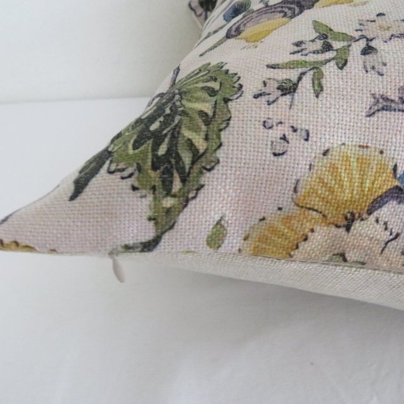 Pretty Yellow Blue Green Jacobean Flowers Linen Look Pillow Cushion Cover 45cm - Picture 2 of 4